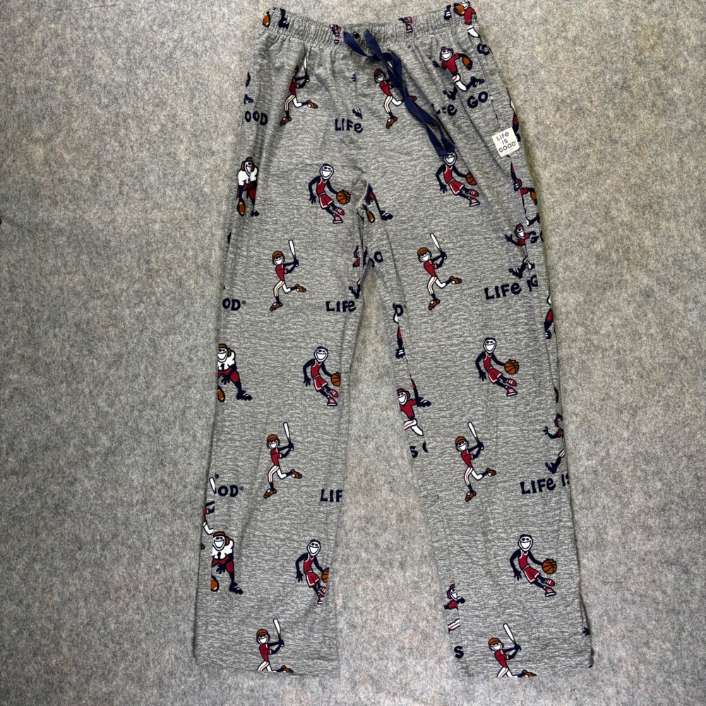 Life Is‎ Good Pajama Pants Sleepwear Mens Medium Gray Baseball Basketball Print